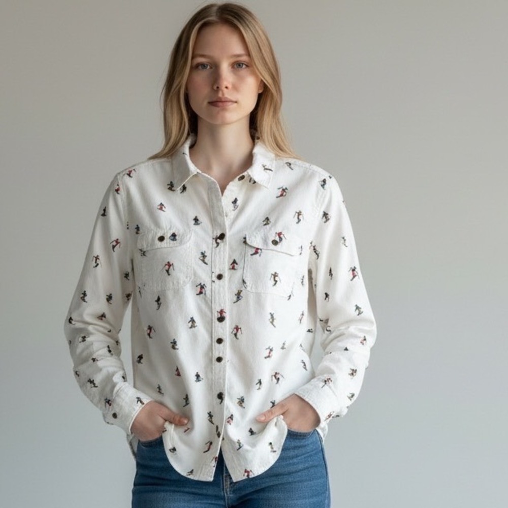 Eddie Bauer Womens White Skier Snowboarder Print Cotton Button Down Shirt M